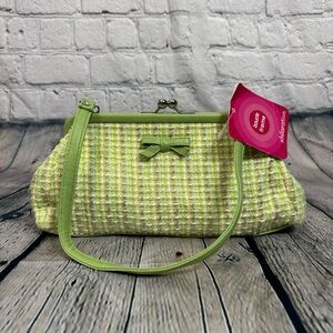 Xhilaration Vintage Y2K Coquette Lime Green Tweed Bow Accent Clutch Handbag